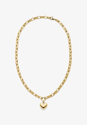 Collier chaîne en or avec des maillons allongés et un pendentif cœur poli suspendu au centre. Texture lisse et finition brillante.