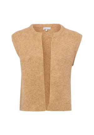 Ärmellose Strickweste in Kamelbraun mit offenem Vorderteil, rundem Ausschnitt, weich strukturierter Stoff und Etikett im Krageninneren.