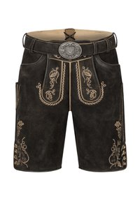 Mörkbruna lädershorts med intrikata gyllene broderier, ett bälte med en dekorativ silvernäbbel och knappdetaljer på sidorna.