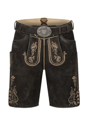 Mörkbruna lädershorts med intrikata gyllene broderier, ett bälte med en dekorativ silvernäbbel och knappdetaljer på sidorna.