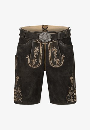 Mörkbruna lädershorts med intrikata gyllene broderier, ett bälte med en dekorativ silvernäbbel och knappdetaljer på sidorna.