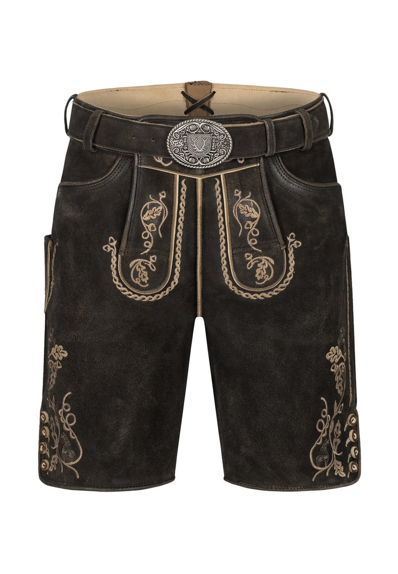 Mörkbruna lädershorts med intrikata gyllene broderier, ett bälte med en dekorativ silvernäbbel och knappdetaljer på sidorna.