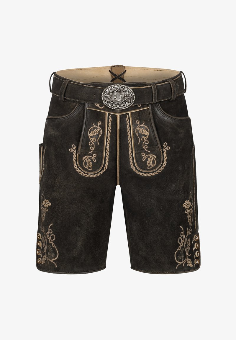 Tmavě hnědé kožené šortky se složitým zlatým vyšíváním, opasek se zdobnou stříbrnou sponou a knoflíkovými detaily na bocích.