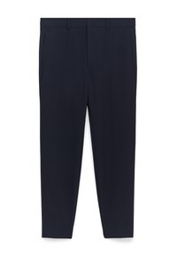 Pantaloni navy realizzati in tessuto testurizzato, con design a gamba dritta, due tasche laterali e passanti per cintura. Nessun motivo o accento visibile.