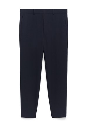 Marineblauwe broek van textuurstof, met een rechtlopende stijl, twee zijzakken en riemlussen. Geen zichtbare patronen of accenten.