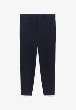 Navybyxor i texturerat tyg med raka ben, två sidofickor och bälteshoo. Inga synliga mönster eller detaljer.