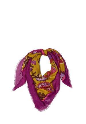 Square scarf with floral patterns in yellow, purple, and pink tones, featuring fringed edges and a soft, lightweight fabric.