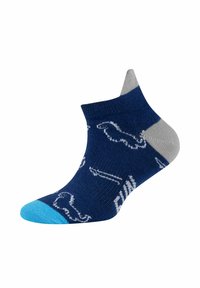 Calzini alla caviglia blu navy con accenti grigi e blu, caratterizzati da divertenti motivi bianchi di chiavi e la parola "DIVERTIMENTO" sulla parte inferiore. Materiale in misto cotone.
