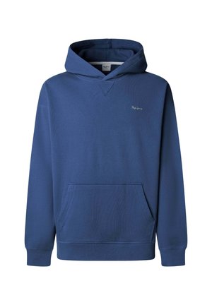 Tmavě modrá mikina s kapucí z měkké tkaniny, vybavená přední kapsou a žebrovanými manžetami. Malé logo na hrudi.