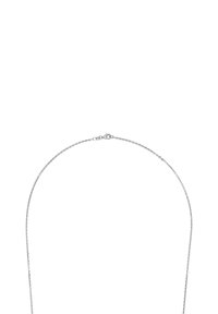 Collar de cadena de plata con un diseño de eslabones finos y un cierre de langosta seguro. Textura suave, apariencia minimalista y elegante.