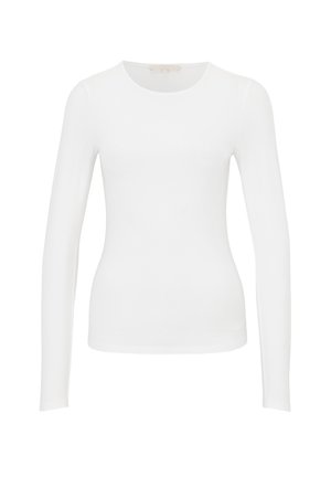 Top de manga larga blanco hecho de una tela suave, con un escote redondo y silueta ajustada, con un diseño minimalista y sin patrones visibles.