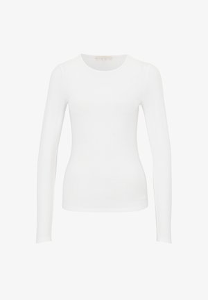 Top bianco a maniche lunghe realizzato in tessuto morbido, con scollatura rotonda e silhouette aderente, dal design minimalista e senza modelli visibili.