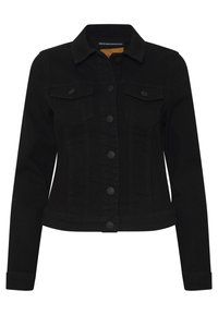 Svart denimjacka med knäppning fram, två bröstfickor och klassisk krage. Designad med långa ärmar och en figurnära silhuett.