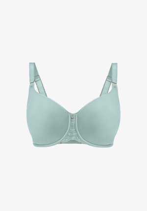 Soutien-gorge vert clair en tissu doux, avec armatures pour le soutien, dentelle au centre et bretelles réglables avec des accents décoratifs.
