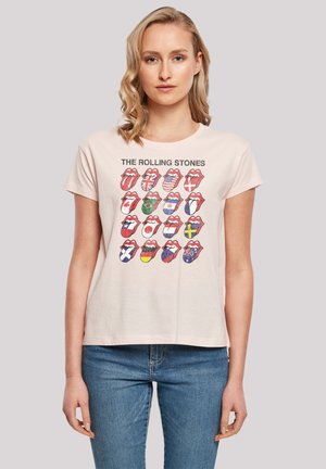 Hellblaues Baumwoll-T-Shirt mit einem Gitter aus bunten Zungen-Logos, die jeweils mit verschiedenen Nationalflaggen geschmückt sind, und dem Text "THE ROLLING STONES" darüber.