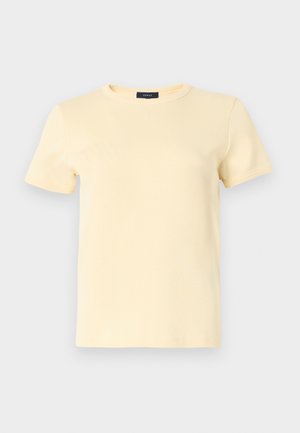 T-shirt à manches courtes jaune clair en coton doux. Encolure ronde, coupe droite, design minimaliste sans motifs ni accents visibles.