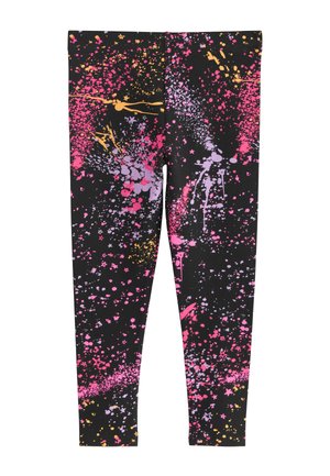 Leggings noirs avec des éclaboussures de peinture rose vif, violet et orange ainsi que des motifs d’étoiles partout.