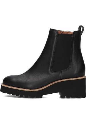 Schwarzer Chelsea-Lederstiefel mit grober Profilsohle, elastischen Seitenpanelen, Zuglasche an der Ferse und niedrigem Blockabsatz.