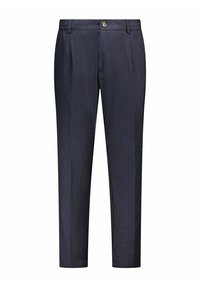 Marineblauwe op maat gemaakte broek met een knoop aan de voorkant, riemlussen en geplooide plooien langs de benen, weergegeven op een witte achtergrond.