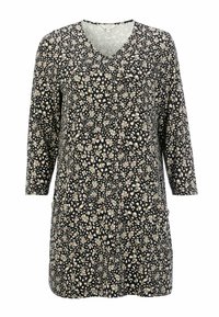 Schwarze Tunika mit V-Ausschnitt und Dreiviertelärmel, mit einem verstreuten Tierdruck in Weiß- und Beigetönen, mit seitlichen Taschen.