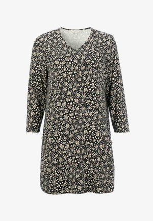 Zwarte tuniek met een v-hals, driekwartmouwen, voorzien van een verspreid dierenprint in wit en beige tinten, met zijzakken.