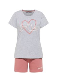 Grå bomulds T-shirt med "Good Vibes" tekst og hjerte grafik, parret med lyserøde bomulds shorts med logo detaljer på kanten.