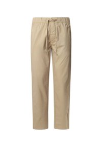Pantalones beige ligeros con cintura elástica y cordón ajustable, que cuentan con dos bolsillos laterales y un diseño de pierna recta.