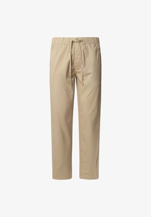 Pantaloni beige leggeri con vita elastica e cordoncino regolabile, dotati di due tasche laterali e design a gamba dritta.