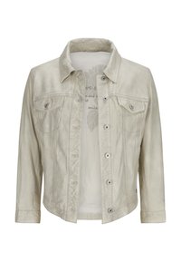 Giacca di jeans beige chiaro con chiusura a bottoni, due tasche sul petto e una vestibilità rilassata. Presenta una texture sottile e un colletto a punta.