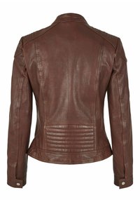 Braune Lederjacke mit tailliertem Schnitt, strukturiertem Schulterbereich, gepolstertem Rückeneinsatz und Druckknopfmanschetten. Glatte Oberflächenbeschaffenheit.