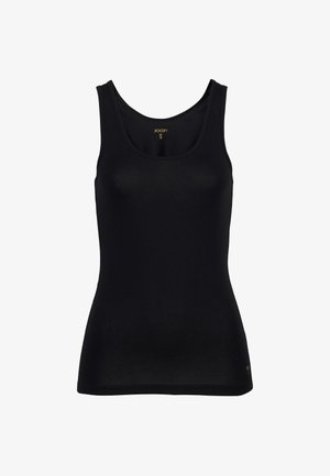 Zwarte tanktop van gladde stof. Voorzien van een ronde halslijn en brede schouderbanden. Subtiel logodetail in goud vlak bij de zoom.