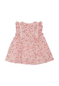 Blommig klänning i ett ljusrosa tyg med volangärmar, med ett flerfärgat blommönster och mjuka rynkor vid midjan.