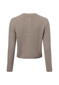 Brede gebreide trui in lichtbeige met een textuur en geruit patroon. Kenmerkt zich door lange mouwen en een ronde halslijn met een cropped pasvorm.