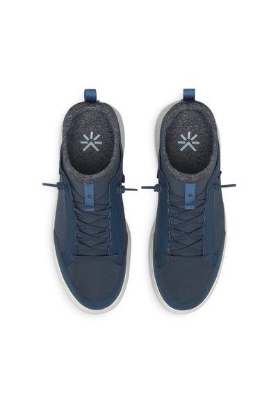 Blue mesh sneakers with grey fabric lining, textured surfaces, flat laces, and a loop at the back. Rubber soles and minimal accents.