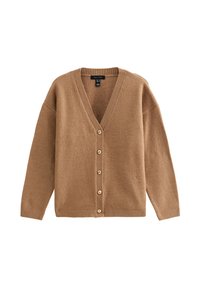 Bruine gebreide cardigan met een V-hals, lange mouwen en een knopen sluiting. Beschikt over geribbelde manchetten en zoom, met een medium gewicht en zachte textuur.