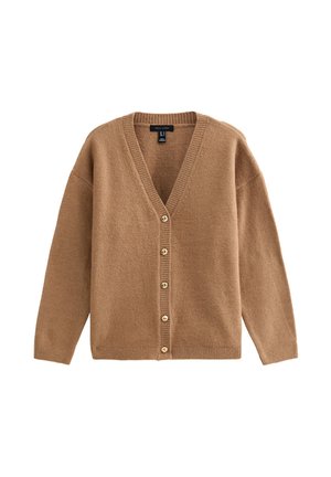 Gilet en tricot marron avec un col en V, des manches longues et une fermeture à boutons. Présente des poignets et un ourlet côtelés, avec une texture douce de poids moyen.