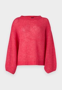 Un pull en tricot rose avec un design ample et boxy, des manches larges et un tissu texturé. L'encolure est de style ras du cou, et l'ourlet est légèrement raccourci.