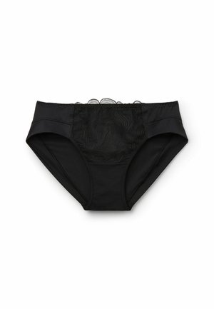 Black bikini bottoms with a textured lace panel at the back, smooth front, and high-cut sides. Made from stretchable fabric for comfort.