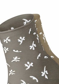 Zwei Paare von Knöchelsocken, eines grau und eines braun, jeweils mit einem weißen abstrakten Blattmuster.