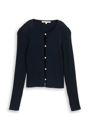 Cardigan côtelé bleu marine à manches longues, col rond et six boutons blancs sur le devant.