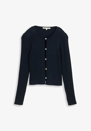Cardigan a maniche lunghe in blu navy con motivo a coste, collo rotondo e sei bottoni bianchi sulla parte anteriore.
