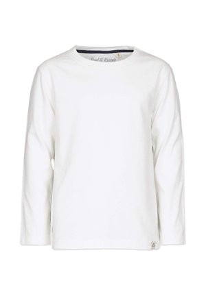 Langærmet t-shirt med rund hals lavet af blødt, hvidt bomuld. Har en kontrasterende mørkegrå indvendig halsudskæring og et lille logoetiket på nederste side.