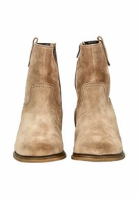 Beige Wildleder-Stiefeletten mit einer glatten Textur, runder Zehenpartie und seitlichem Reißverschluss. Mit gestickten Akzenten und einer niedrigen, braunen Gummisohle.