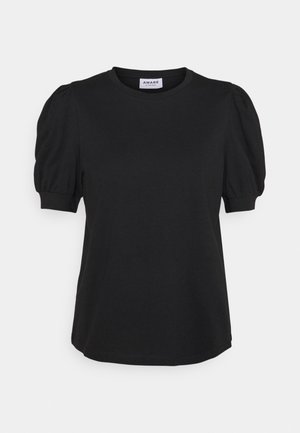 Top negro de manga corta con mangas abullonadas, escote redondo y material suave de algodón. Presenta un dobladillo curvo y una etiqueta de marca sutil en el cuello.