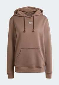 Brun huvtröja med långa ärmar, framficka i form av en känguru och vitt logotyp på bröstet. Mjuk textur med dragsko-detaljer.