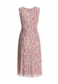 Robe midi sans manches avec un motif floral pastel rose, orange et vert sur un fond blanc, en tissu plissé texturé.