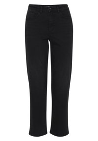 Vaqueros de denim negro con diseño de pierna recta, cinco bolsillos, trabillas para cinturón y cierre de botones; textura suave y color uniforme.