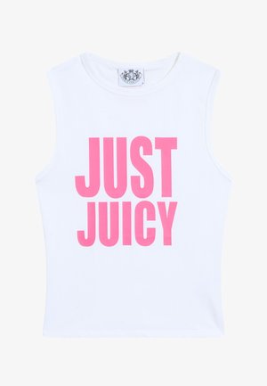 Weißes ärmelloses Oberteil aus Baumwolle, mit großen pinken Buchstaben, die "JUST JUICY" in fetter Schriftart lesen. Keine weiteren Grafiken oder Muster.