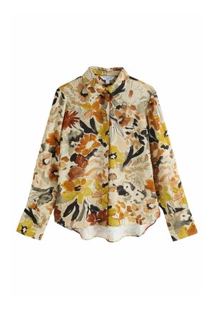 Langærmet skjorte med knapper, beige baggrund og stort blomsterprint i gule, orange, brune og sorte nuancer.