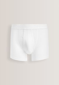 White men's boxer briefs with a wide waistband and front fly, displayed against a plain light background.